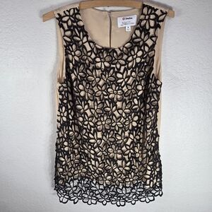 Neiman Marcus Target Lela Rose Sz M Silk Tank Top Black Floral Overlay Nude